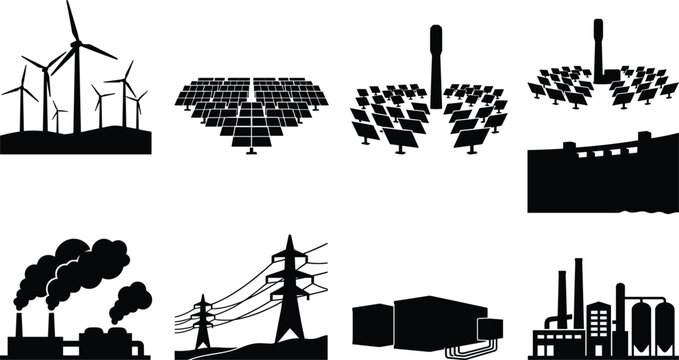 Renewable and traditional energy production icon set featuring wind turbines solar panels dam power plant and transmission towers