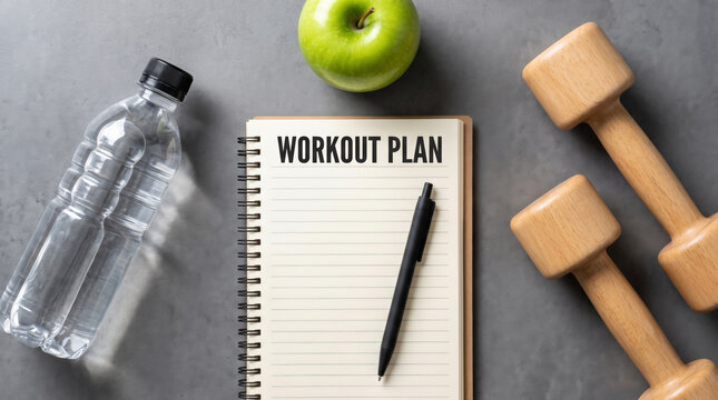 Workout journal plan with dumbbell apple water bottle pen motivation flat lay. Fitness health wellness. sport active training routine, goal motivation notebook writing