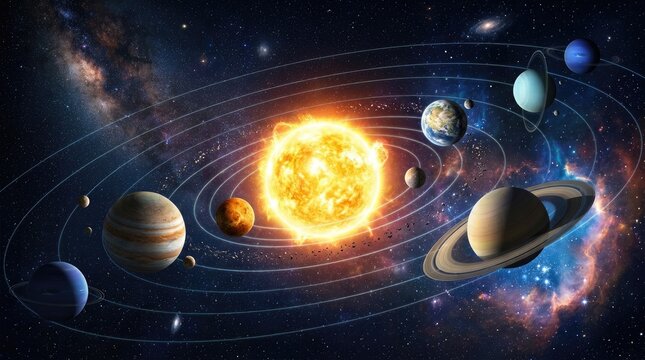 A vibrant digital illustration depicts our solar system. The Sun, a brilliant, intense yellow and orange star, dominates the center. Eight planets orbit around 