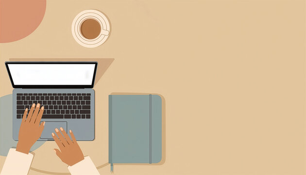 Top view flat illustration of hands typing on a laptop with coffee and notebook on a cafe table with copy space