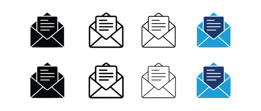 envelope icons with documents inside featuring different color variations and styles isolated on transparent background