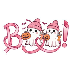 Fototapeta premium Cute ghosts with pumpkins and pink hats. Kawaii Halloween boo text with spooky spirits.