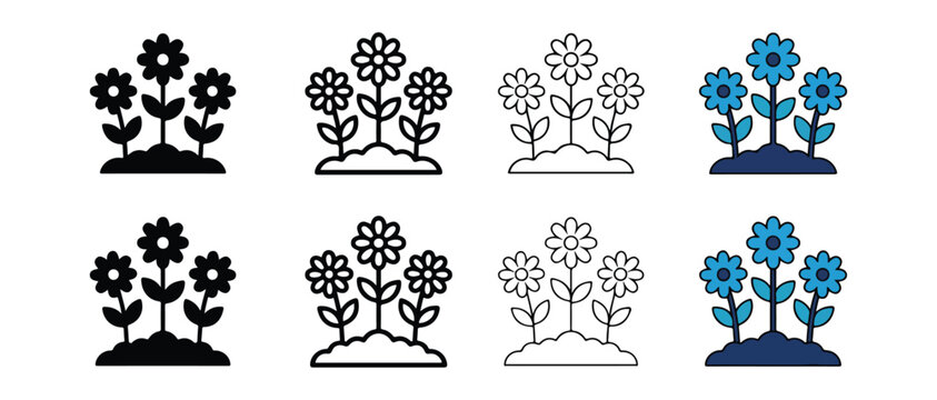 flower icons with transparent background in black and white and colored blue variations