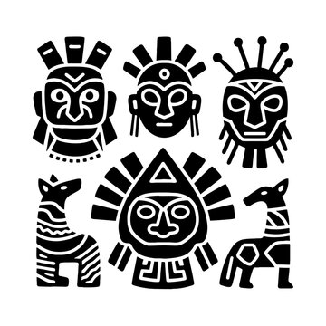 Inca and Aztec tribal masks vector set, primitive pre-Columbian sun god symbols with traditional totem animals isolated