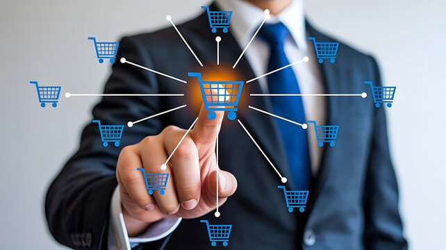Businessman selecting online shopping interface with digital ecommerce network and retail business technology