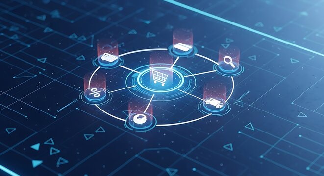 Digital graphic depicting shopping cart at center connected to various e-commerce icons, blue-toned