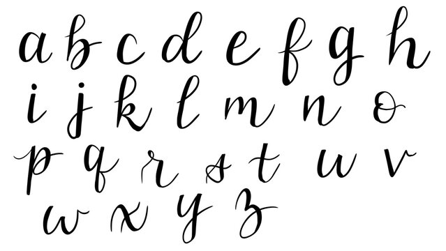 Hand-written lowercase calligraphy alphabet set PNG form in elegant black brush lettering script, isolated on transparent background.