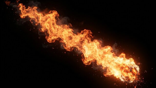 Dynamic Fire Trail with Flying Sparks and Smoke Isolated on Black Background