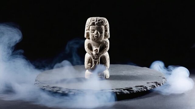 Stone idol sits centered on a circular slate platform surrounded by wisps of mystical blue smoke, creating an atmospheric composition that evokes themes of ancient history, ritual, and mystery.