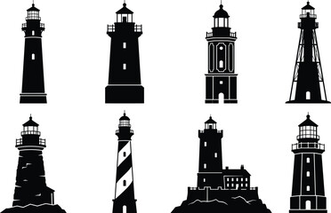 Obraz premium Set of Black Silhouette Lighthouses with Varied Architectural Styles for Coastal NavigationSet of Black Silhouette Lighthouses with Varied Architectural Styles for Coastal Navigation
