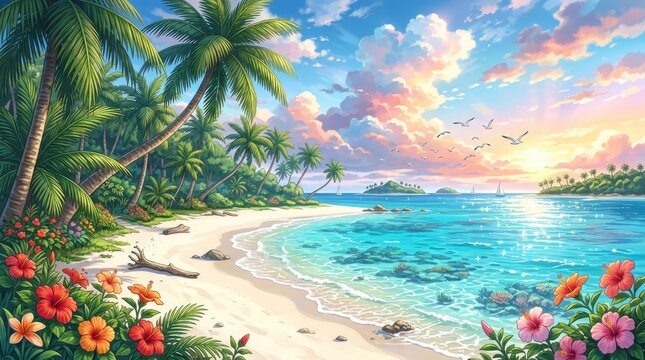 A vibrant tropical landscape depicts a stunning beach scene at sunset. Palm trees line the sandy shore, framing a turquoise ocean dotted with sailboats. 