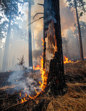 &Aacute;rbol de un bosque envuelto en llamas, con humo y fuego. Concepto de Incendio forestal, cambio clim&aacute;tico, desastre ambiental, destrucci&oacute;n de los ecosistemas naturales, crisis clim&aacute;tica y sequ&iacute;a