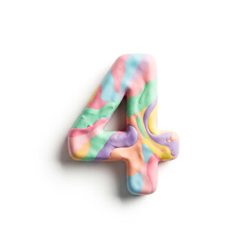 Close-up of a handcrafted, multicolored number four cookie with pastel swirls, soft lighting, and neutral background for baking or decorating purposes.