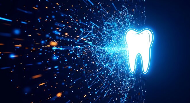 Digital representation of a tooth outlined in white, surrounded by glowing blue network