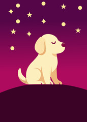 Cute puppy sleeping under glowing stars in night sky, simple flat illustration of domestic animal dreaming peacefully.int