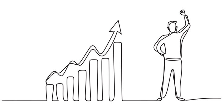 Continuous line drawing of a happy businessman with a growing bar chart