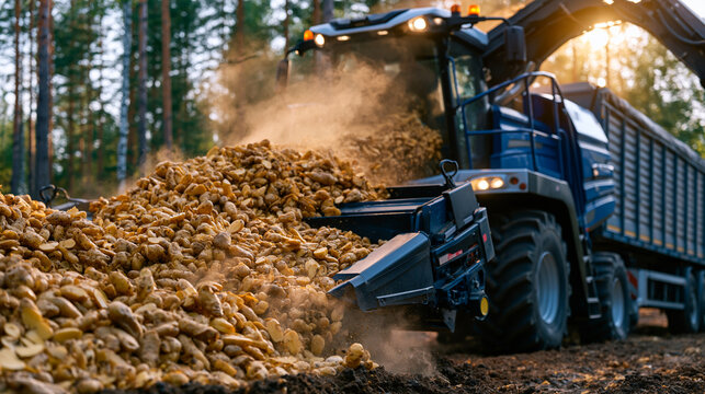 Dynamic harvest scene with an advanced potato harvester continuously filling a large truck trailer with fresh yellow potatoes, dust rising in warm sunlight, productive commercial farming, abundant s