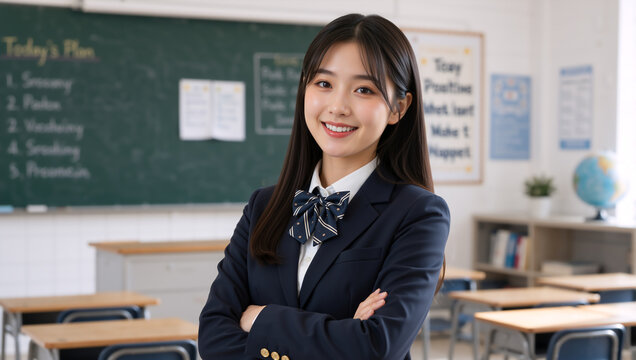 Portrait of a smiling young Asian female student in school uniform. Happy high school girl standing with arms crossed in classroom. Back to school concept