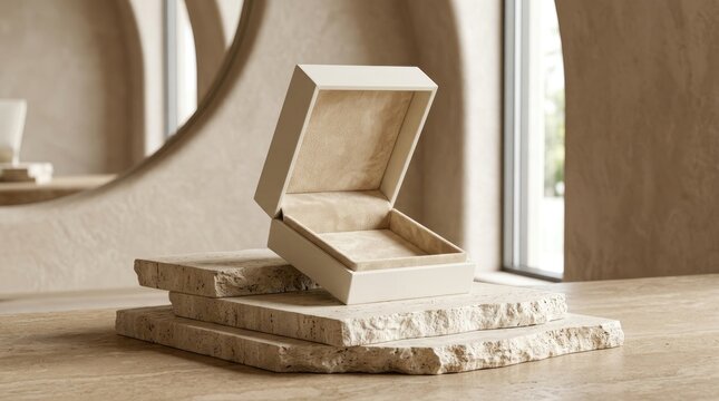 Elegant beige jewelry box display on stone pedestals minimalist product mockup for luxury branding and retail presentation
