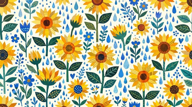 Bright seamless pattern with collage style yellow and orange sunflowers with blue drops in Scandinavian style. Summer Nordic wildflower floral print for textile, wrapping paper, surface design