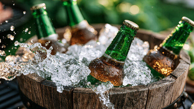 Four cold beer bottles chilling in a rustic wooden bucket at an outdoor barbecue, crystal ice cubes, energetic water splash, lush green garden softly blurred in the background, perfect summer refres