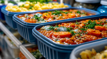 Obraz premium Healthy meal prep containers lined up on a chilled refrigerator shelf, tomato based soup with carrots, cooked pasta, balanced nutrition, clean kitchen organization, natural household lighting, ultra