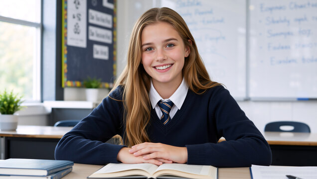 Portrait of smiling teenage girl in school uniform at classroom desk. Happy high school student with open book. Education and academic success concept