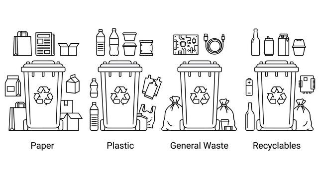 Recycling bins and waste materials categorized for disposal and reuse.