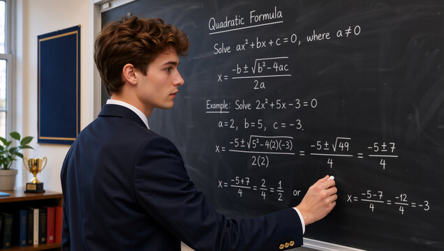 Male student writing quadratic formula on blackboard. Young man in suit solving math equation in classroom. Education and science concept