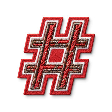 Close-up of red embroidered hashtag patch featuring braided white and brown trim, studio-lit against white background, crisp and detailed texture for apparel use.
