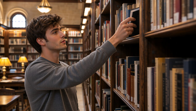 Young man reaching for a book on a library shelf. Male student searching for literature in classic library. Research and education concept