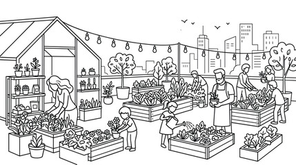 Fototapeta premium Community rooftop garden with people planting vegetables city backdrop.
