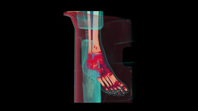 3D Volumetric CT Scan Render of Left Lower Leg and Foot Bone Fracture in Immobilization Splint with Red Heatmap Overlay