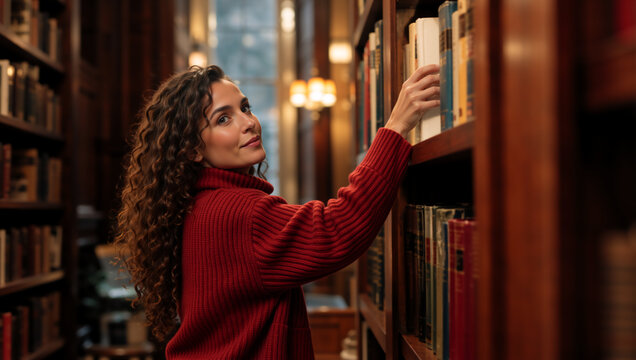 Smiling young woman with curly hair reaching for a book in a library. Female student in red sweater looking back from bookshelf. Education and reading concept