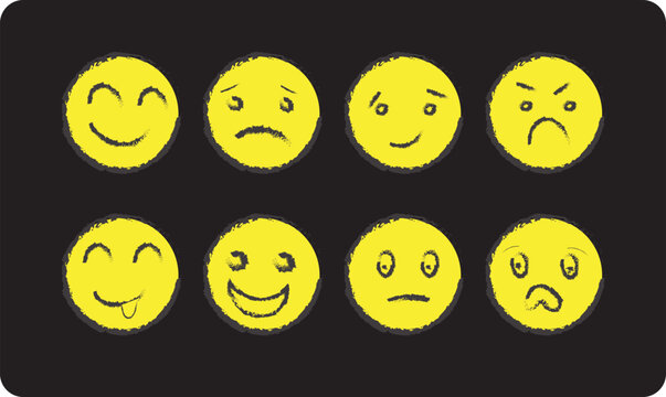 Ight facial expressions eight smiley faces symbolizing emotions feelings mood happy sad angry neutral confused surprised.