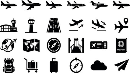 Obraz premium Aviation and Airport Transportation Glyph Icon Set for Flight Navigation, Air Travel and Passenger Services