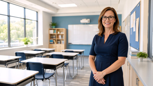 Portrait of a smiling female teacher in an empty classroom. Friendly woman educator with glasses standing in school classroom