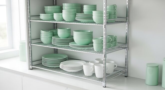 Display of stylish mint-green and white dishware neatly arranged on a chrome wire shelf unit