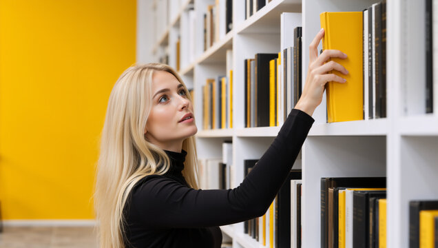Young blonde woman reaching for a yellow book on a bookshelf. Female student selecting a book in a modern library or bookstore