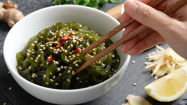 Seaweed salad with sesame seeds in white ceramic bowl.