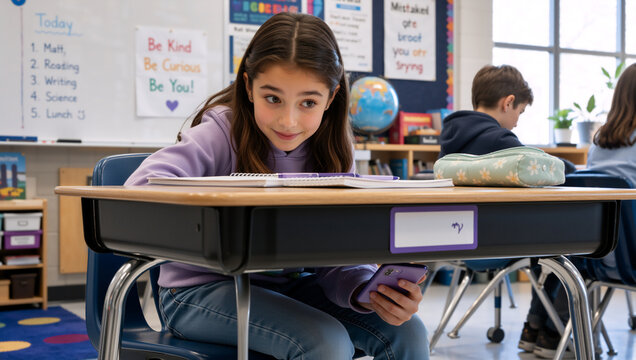 Schoolgirl secretly using a smartphone under her desk in a classroom. Mischievous student distracted by a mobile phone during class