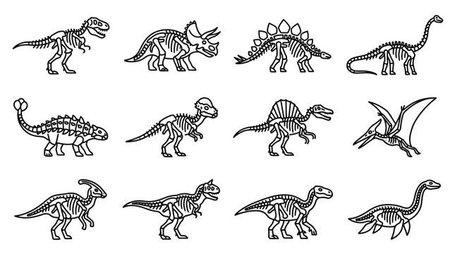 Collection of Various Prehistoric Dinosaur Skeletons and Fossil Bones Line Art Icons
