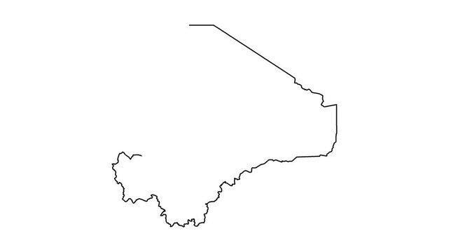 Mali map animation featuring black outline drawing on white background for travel concepts.