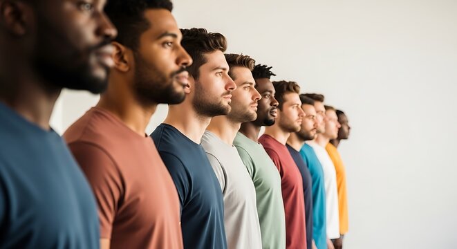 Diverse group of men, side profiles in colorful shirts, standing shoulder to shoulder