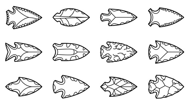 Set of prehistoric stone arrowhead icons in black and white line art style