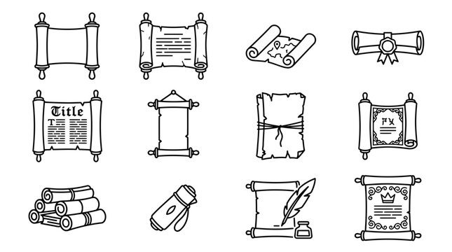 Vintage parchment scrolls and ancient paper map icon set for fantasy games or historical designs