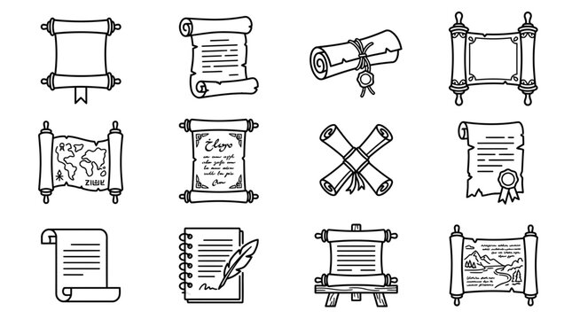 Set of hand-drawn vintage scroll manuscripts and ancient paper document icons in line art style