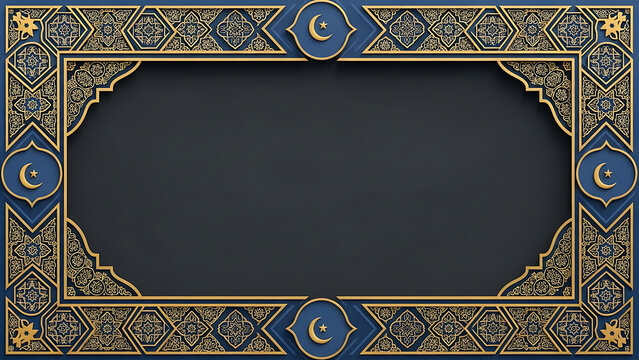 Islamic Geometric Frame with Crescent Moon and Stars, Arabic Calligraphy Border