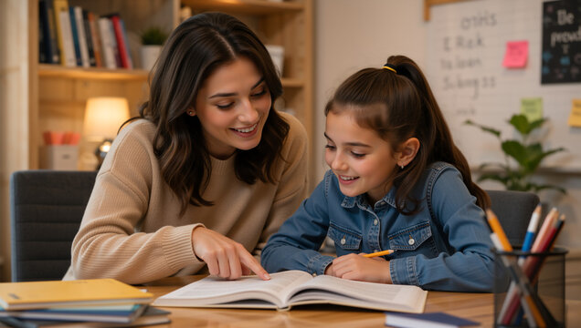 Mother helping her daughter with homework at a desk. Happy tutor teaching young girl with open book at home. Education and learning concept