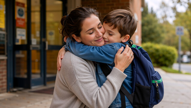 Mother hugging her son outside school building. Happy mom embracing boy with backpack. Back to school or reunion concept